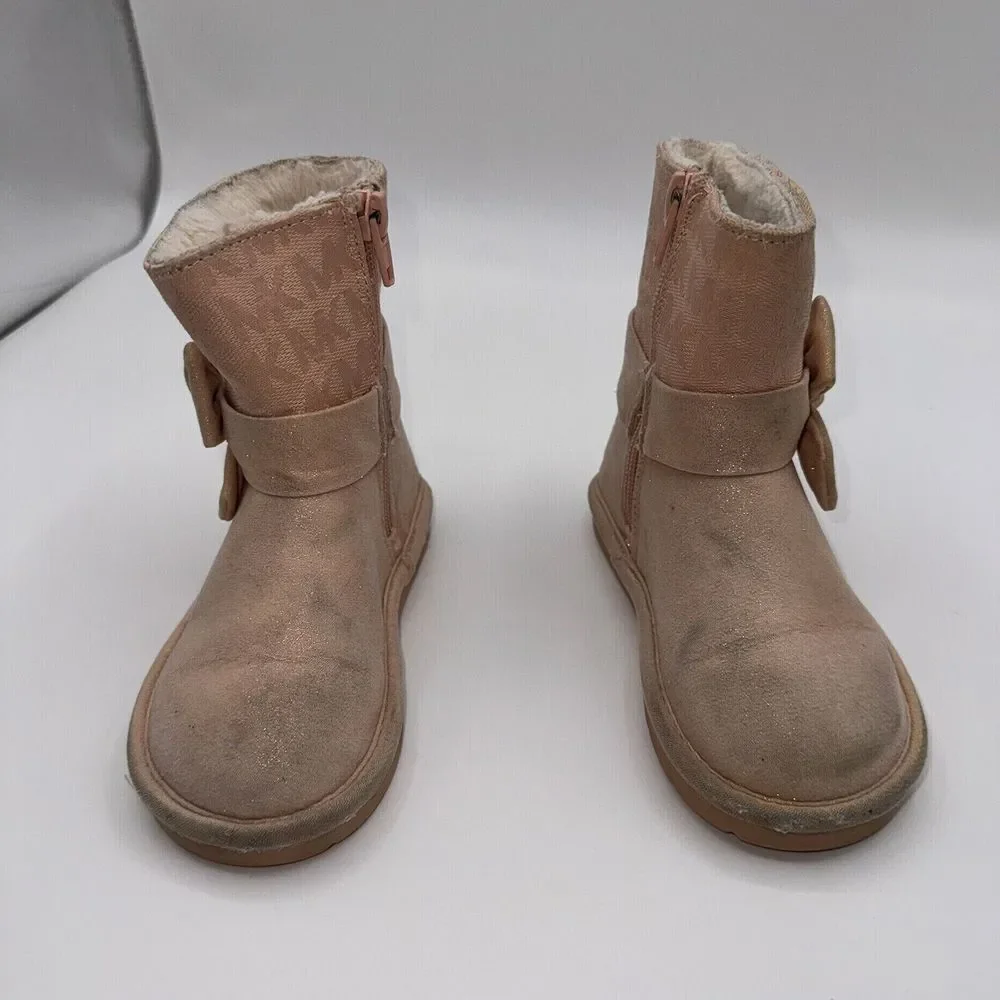 Michael Kors Girls Toddler Size 8 Pink Gold Shimmer Bow Faux Fur Winter‎ Boots